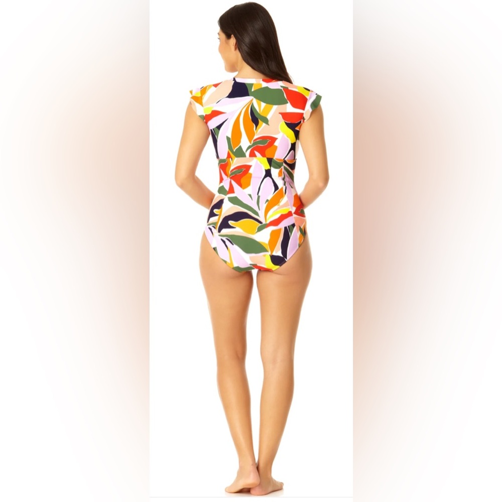 Anne Cole Zip Up Flutter Sleeve Rash Guard One Piece Swimsuit in Palm Party Sz 6 - Picture 14 of 15